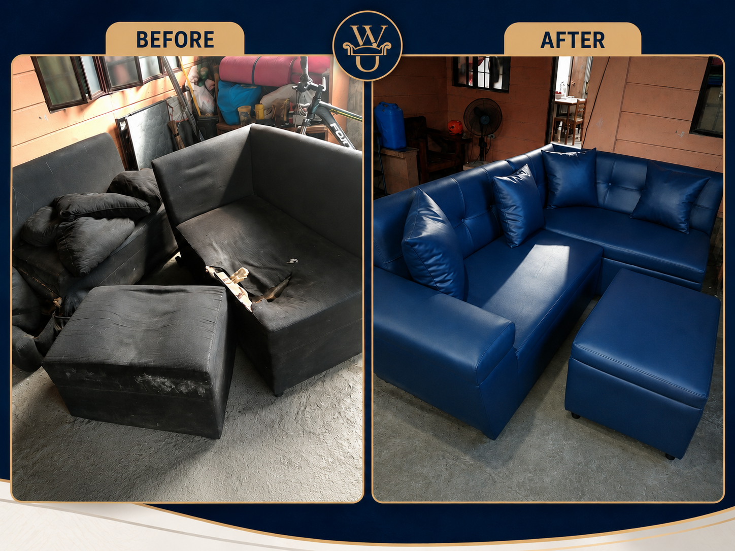 Before and after upholstery restoration